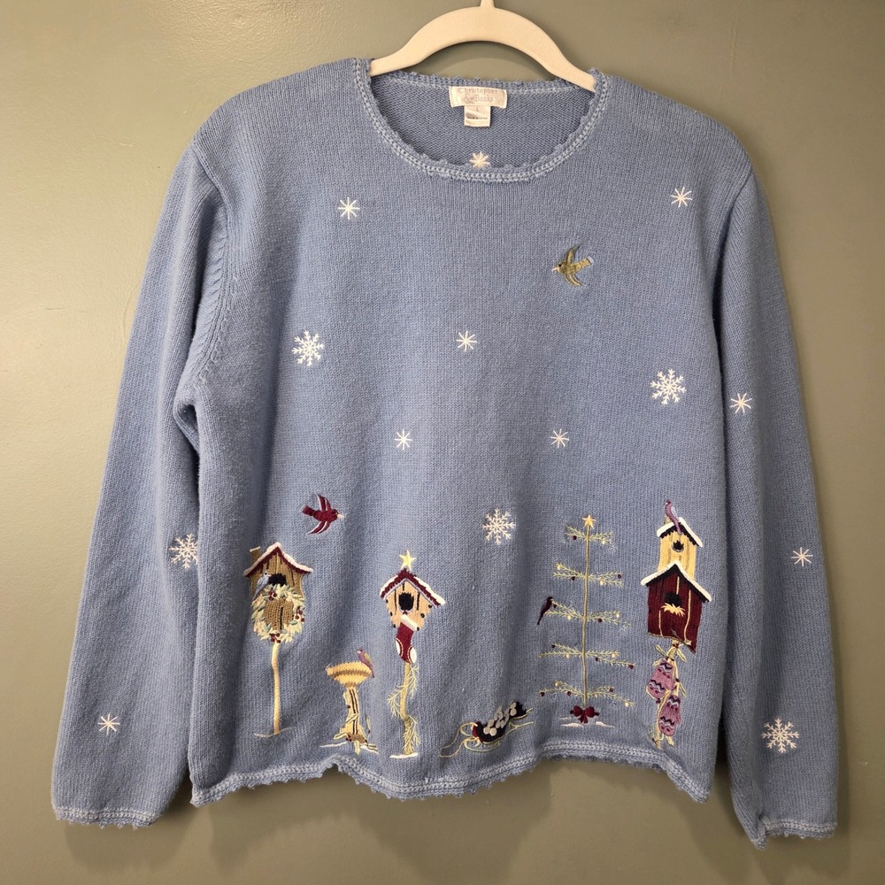Christopher & Banks Women's Knit Christmas Sweater Blue Snow Birds Size L